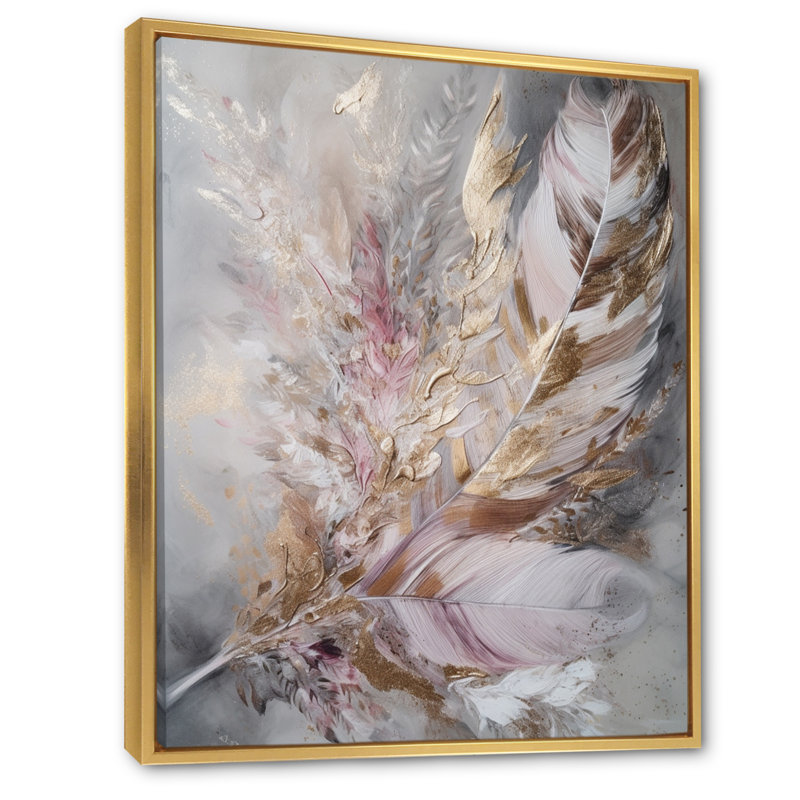 Pink Feather Boho Majesty I - Glam Feather Canvas Print, 20" H x 12" W x 1" D, Gold Floater Framed