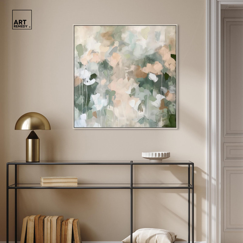 «Earth & Emerald Rhythm Canvas Minimal Abstracts» par Art Remedy, H 31 po x l 31 po x P 2 po, Encadrement argenté
