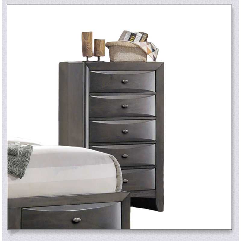 Commode 5 tiroirs de style transitionnel avec poignées ovales, finition grise pour les chambres modernes et classiques