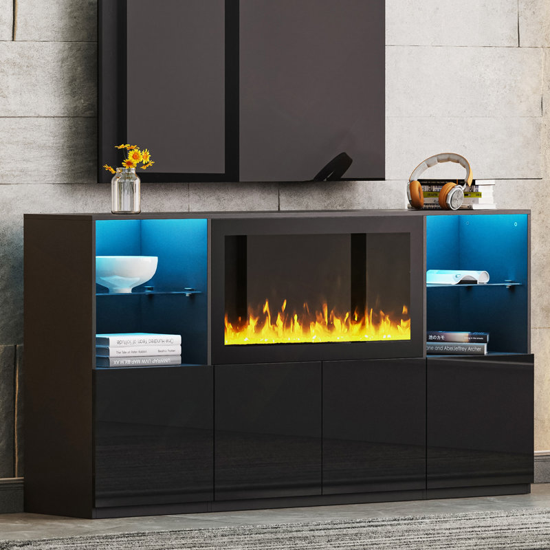 Meuble télé ultrabrillant avec foyer électrique non chauffant, centre de divertissement moderne avec lumière DEL, Noir, Oui