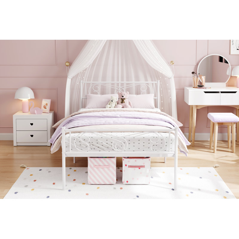 Twin Size Bed Frame with Headboard and Footboard, Bed Mattress Foundation with Storage No Box Spring Needed Noise Free Easy Assembly, White