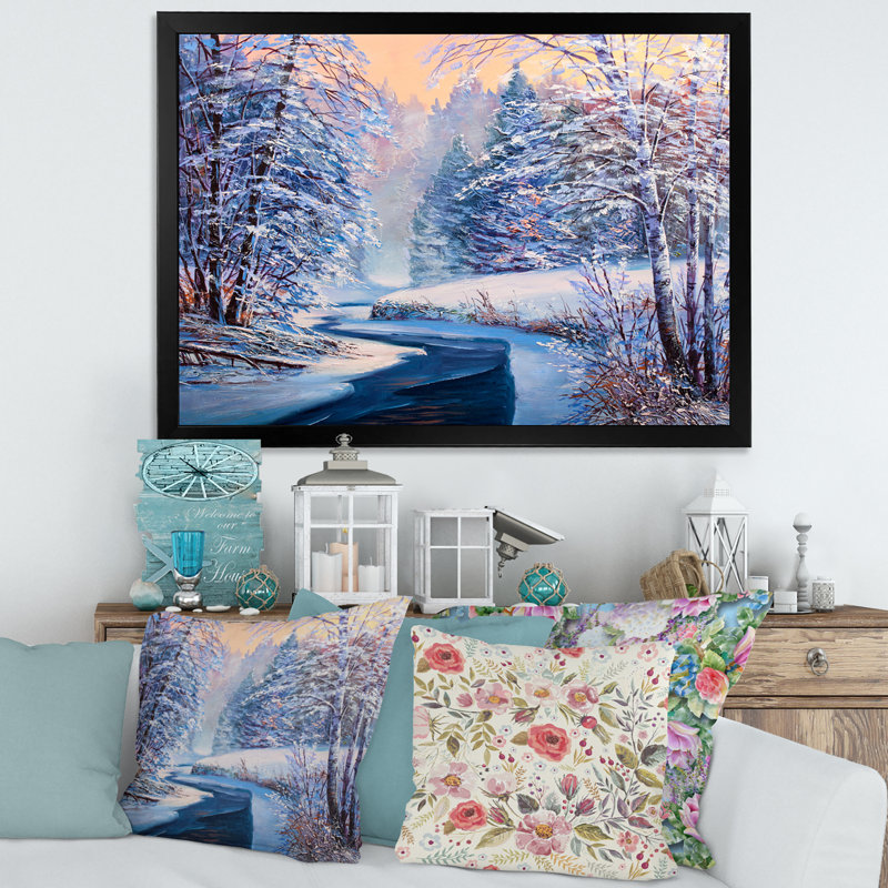 Forêt de Noël pastel avec rivière - peinture sur toile, Cadre noir, H 30 po x l 40 po x 1,5 po