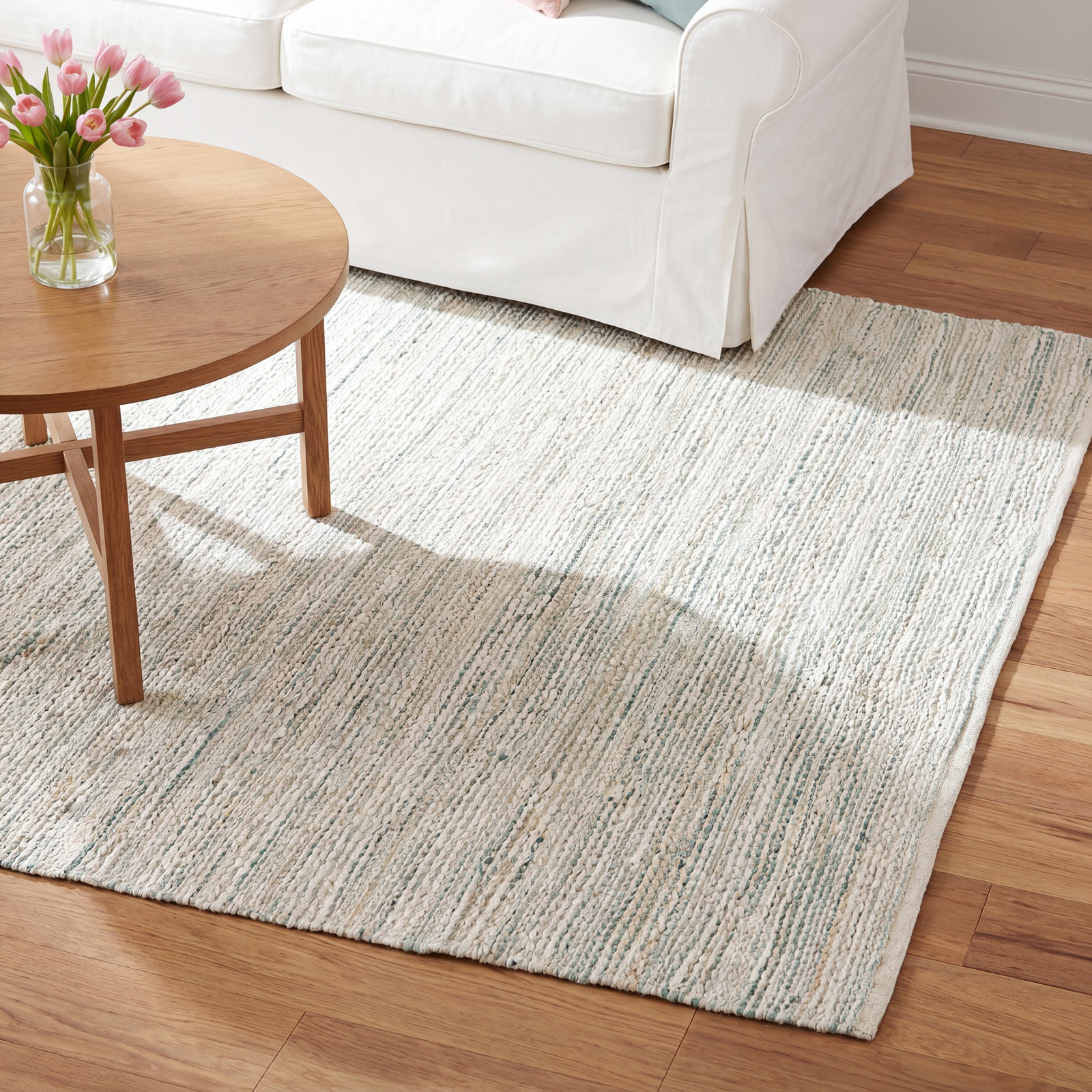 Ian White Gray Teal Striped Flatweave Rug, Rectangle 5' x 8'