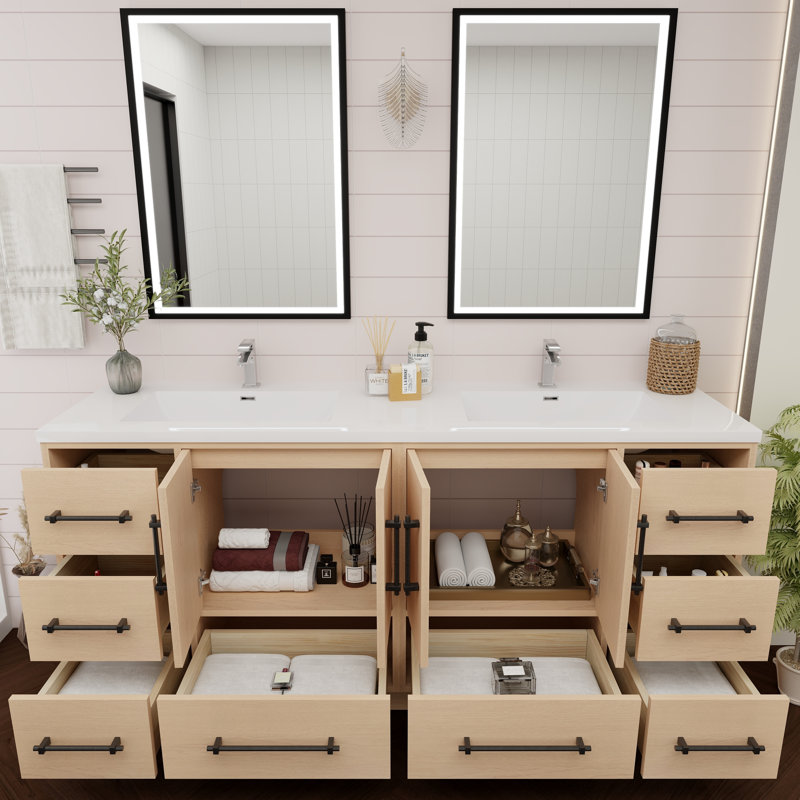 Meuble-lavabo double 71,1 po avec plateau en acrylique Victoria, Chêne jaune