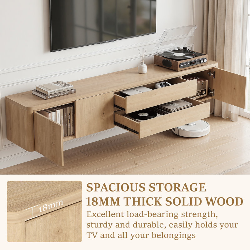 180cm Floating Tv Unit Wall Mounted With Door, Tv Cabinet Stand Large Storage, Completely Assembled Living Room Tv Media Console, Oak