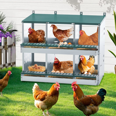 Boîte de nidification à roulettes à 6 compartiments en acier galvanisé, système de ramassage des œufs sans effort, intérieur spacieux de la poule, nettoyage facile, épaisseur de poulet de 17,24 po, spacieuse