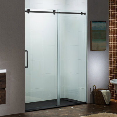 Semi-Frameless Single Sliding Shower Doors, 56-60" W X 76" H With 5/16" Clear Tempered Glass And Explosion-Proof Film