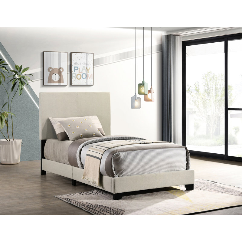 Lit simple avec panneau rembourré crème et tête de lit rembourrée confortable, structure en bois d'ingénierie en bois d'hévéa, pieds solides noirs, accessoire de chambre à coucher, conception transitionnelle, lit requis pour sommier tapissier,