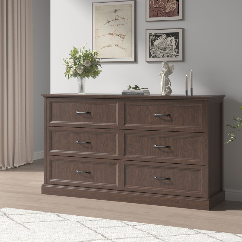 Commode 6 tiroirs pour chambre à coucher l 55 po, Brun