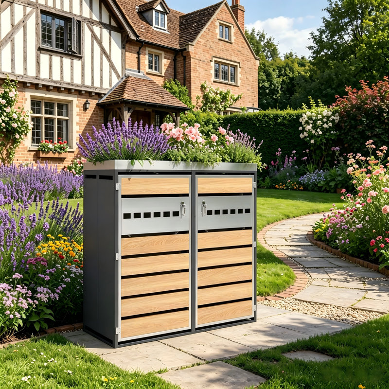 Wetherly Outdoor Trash Can Storage Box with 2 Lockable Doors, Ventilation & Top Planter,Wood Grain and Grey