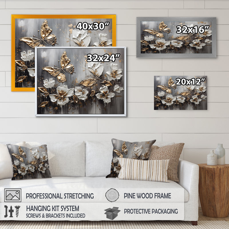 Rozalynn Golden White Butterfly Wings and Flowers III - Art mural encadré floral, H 24 po x l 32 po, Brun