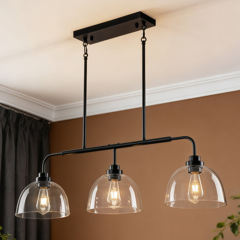 Modern 3-Light 39.37" Linear Kitchen Island Chandelier With Clear Glass Shades, Matte Black