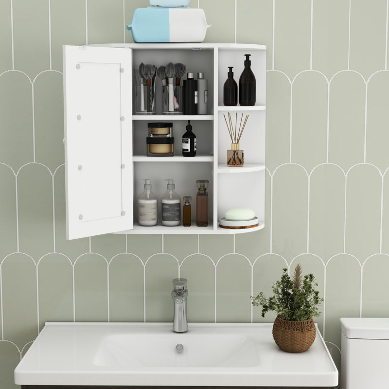 Armoire à miroir blanche pour salle de bain - 6 tablettes ouvertes, 3 tablettes réglables, peintes, style moderne, fixation murale