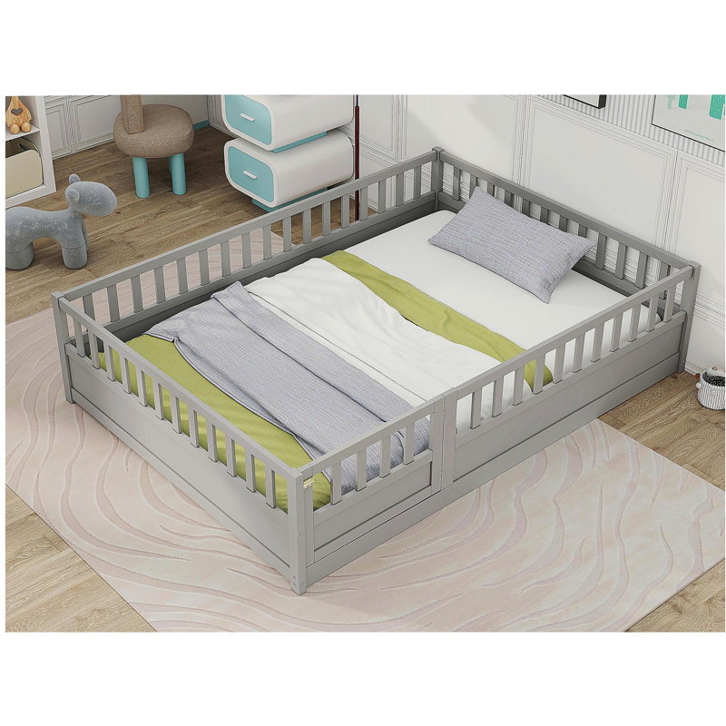 Full-size floor bed, solid structure, ultra-high safety railing, door, children's floor bed frame, Montessori wooden children's floor bed, gray