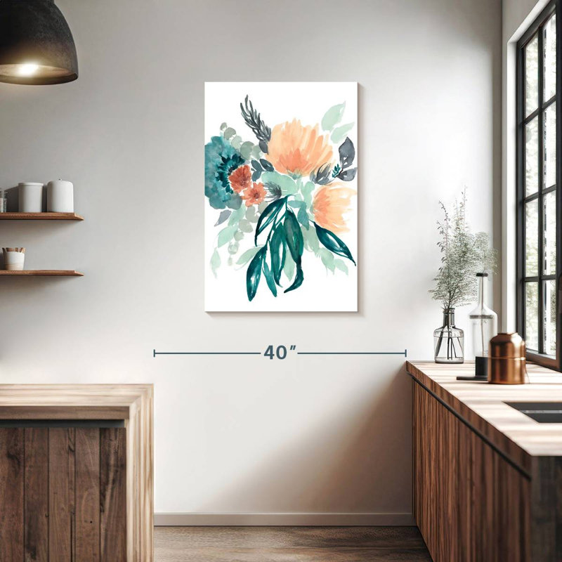 Bouquet Harnek bleu sarcelle et pêche I, H 36 po x l 24 po