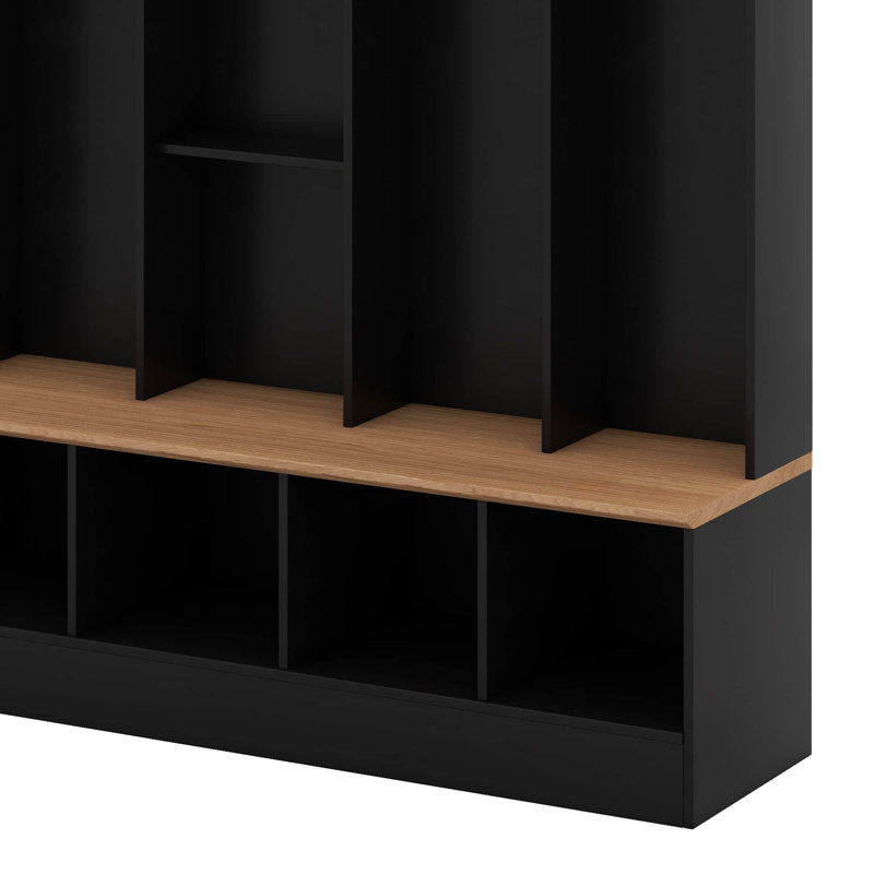 Arbre d'entrée avec banc et rangement pour chaussures, armoire d'entrée moderne avec portes cannelées ultrabrillantes et tablettes ouvertes
