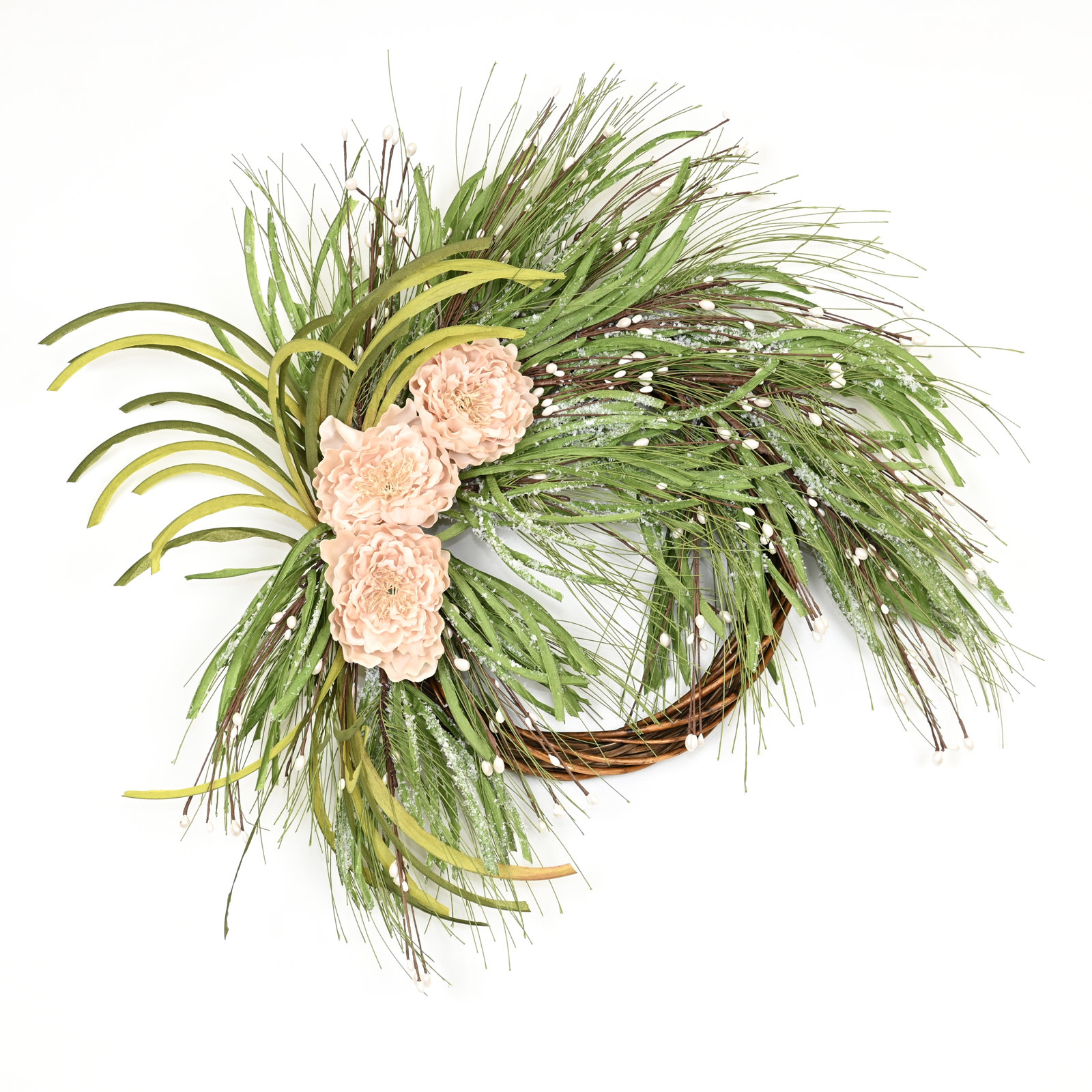 28" Winter Christmas Berry Peony Front Door Wreath, Green/Beige