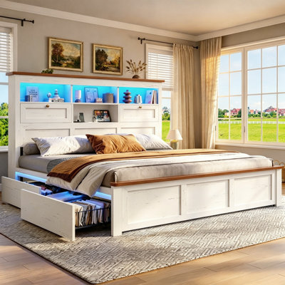 Wood Storage Bed Frame with Bookcase Headboard Farmhouse Heavy Duty Metal Platform Bed with Under-bed Drawers & Side Light Strip and Charging Station No Boxing Need