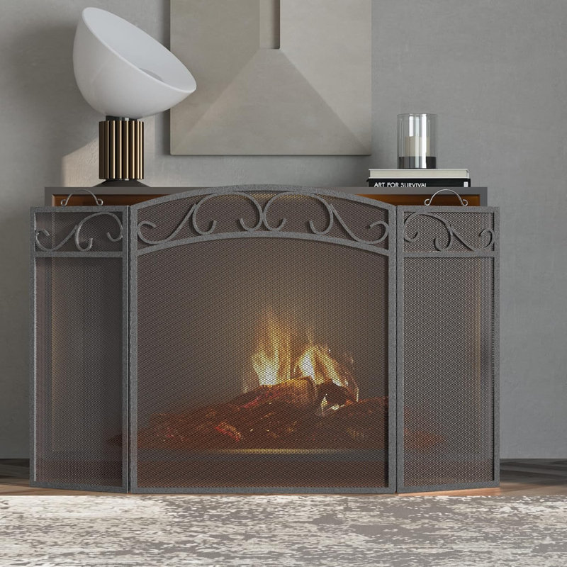Pare-étincelles 3 panneaux avec poignées en fer forgé 51 "(L) X31 (H), H 31 po x l 51 po x P 1 po, Pewter