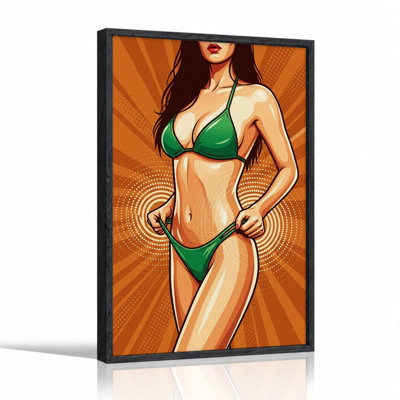 Woman in Green Bikini Pop Art Style Orange Background Canvas Wall Art