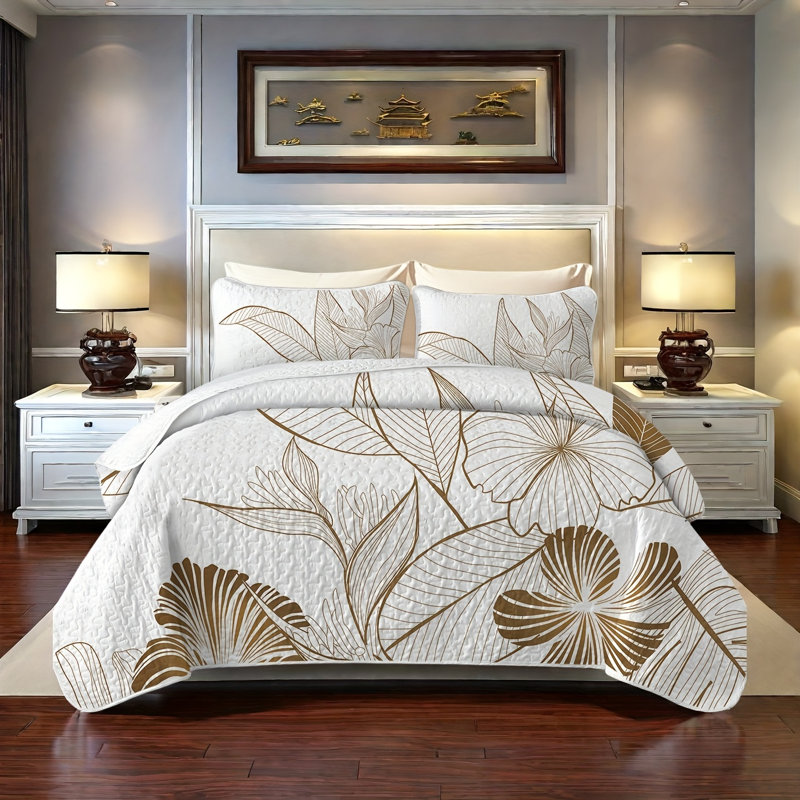 Bedspreads for Queen Size Bed ,3-Piece Floral Queen Quilt Sets, White Floral 1, Queen Quilt + 2 Standard Pillowcases
