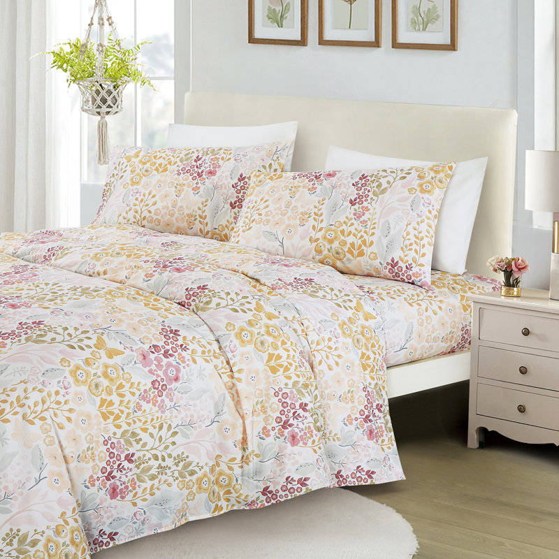 Floral Printed Sheet Set, Queen Sheet Set with 2 Pillowcases, Yellow/Pink Floral