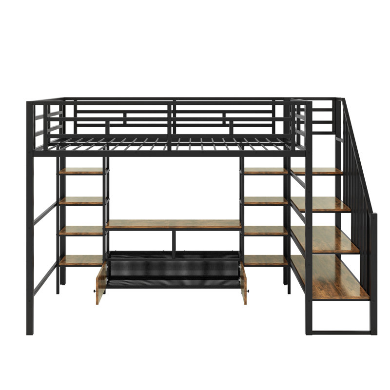 Lit mezzanine double en métal avec escalier, table intégrée et tablettes de rangement, Noir