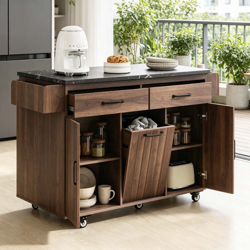 Îlot de cuisine avec armoire de rangement pour poubelle, Brun
