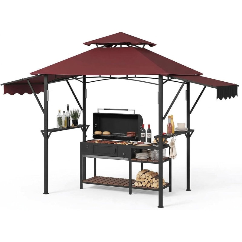 8x5 ft Grill Gazebo with Adjustable Dual Side Awnings, 2-Tier BBQ Gazebo Grill Shelter with 2 Handy Shelves, Hooks, 4 LED Lights & Ceiling Hook, Steel Frame BBQ Canopy for Backyard Garden, Claret