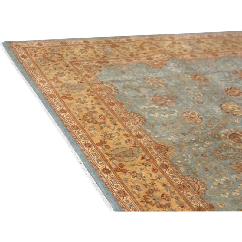 Hand Knotted Wool Area Rug in Light Blue And Gold