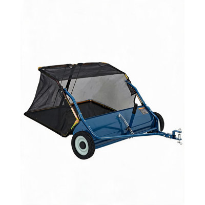 Balayeuse à gazon robuste de 107 cm (42 po) à remorquer – Bac de ramassage de 0,4 m³ (14 pi³), hauteur de brosse réglable, corde de vidange facile, attelage universel, grand sac de ramassage, pour tondeuses autoportées, bleu RAL5001 LWY