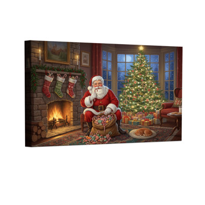 Christmas Santa Claus By Fireplace With Tree Set of 3 Canvas Wall Art Prints