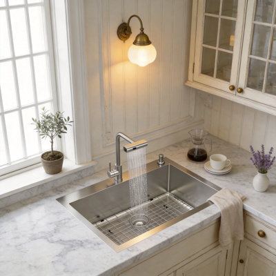 30" Drop-In Kitchen Sink with Pull-Down Faucet and Soap Dispenser, 16 Gauge T304 Stainless Steel Single Bowl, Brushed Nickel, 10" Deep, with Bottom Grid, Drain and Drying Rack, Fits 33" Cabinet