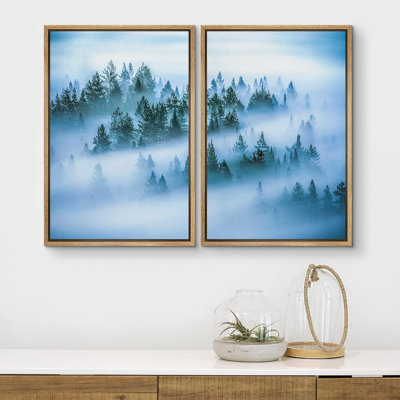 Misty Forest Landscape " Blue Mist & Fog Forest Tree Mountain Nature Landscape Print Decor " 2 - Pieces