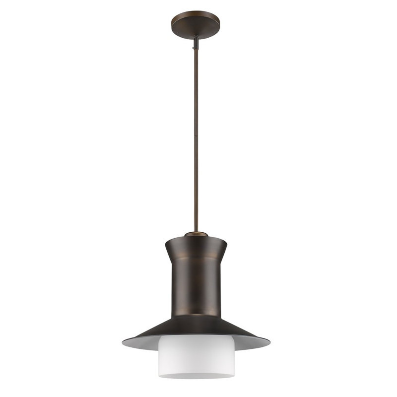Luminaire suspendu 1 lumière avec intérieur blanc brillant et abat-jour en verre gravé Greta, Bronze frotté à l'huile