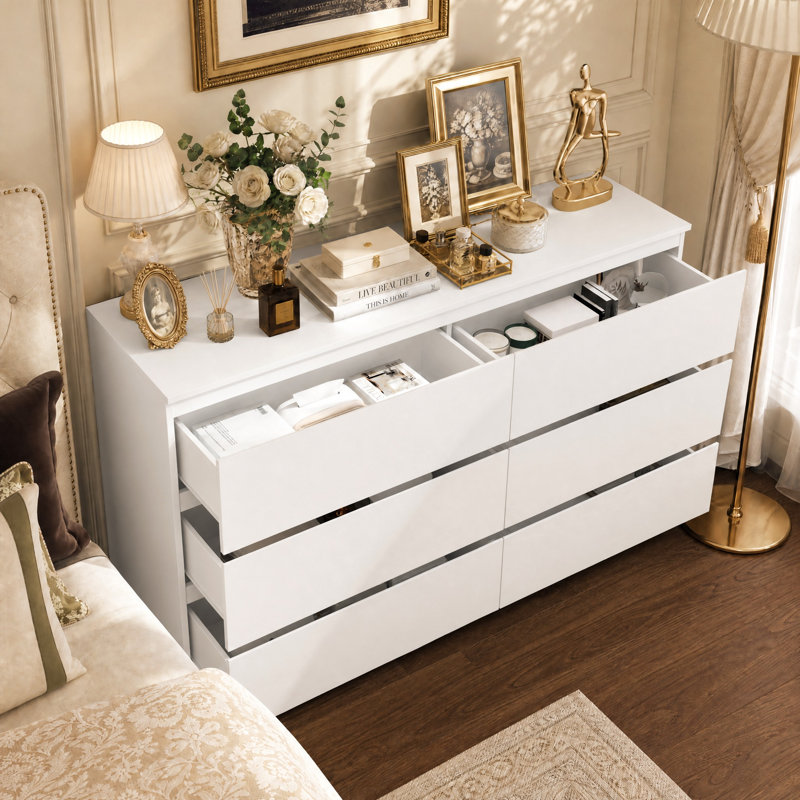 Commode 6 tiroirs avec rangement solide, Blanc