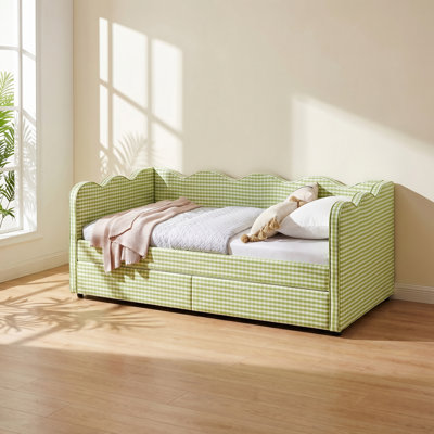 Cozy Gingham 81" W x 43" D x 33.5" H with 2 Drawers and USB Port Linen Upholstered Twin Daybed