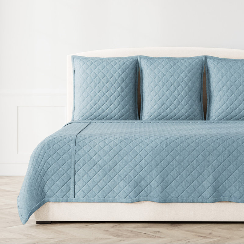 Ensemble de couvre-lit en faux lin, Couvre-lit très grand + 3 taies décoratives euro, Bleu délavé à la pierre