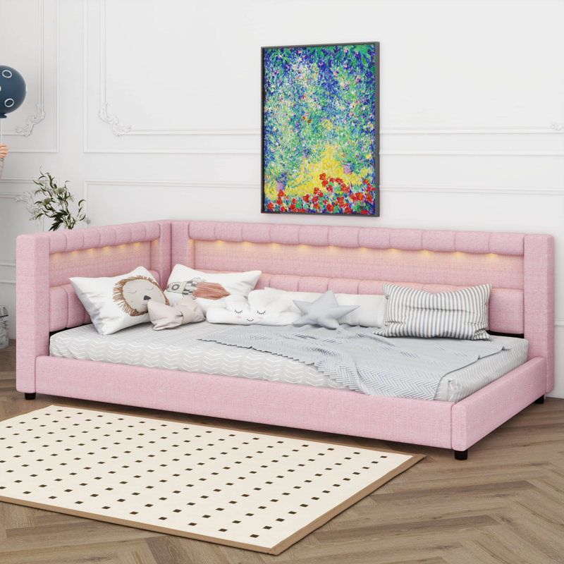 Upholstered Daybed With Storage, L-Shaped Daybed With LED Belt And USB Ports, Linen Fabric Day Bed Frame, Extra-Long Twin