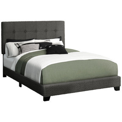 Cadre de lit double capitonné gris foncé foncé pour chambre à coucher transitionnelle, structure et bois massif, profil bas avec tête de lit épaisse rembourrée et confortable