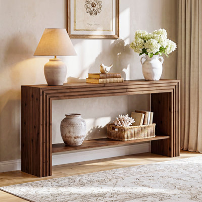 63" Solid Wood Console Table, Rustic Farmhouse Sofa Table With Open Storage Shelf, Entryway Table For Living Room, Hallway, Brown