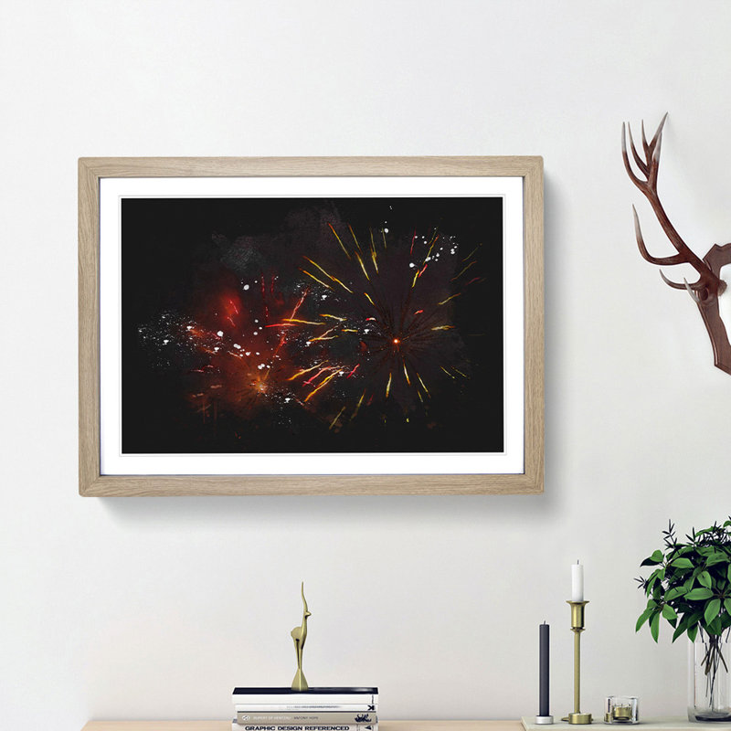 Orange and Red Fireworks - Framed Print, 24cm H x 33cm W x 2cm D, Oak Framed