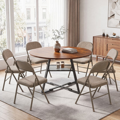 Dining Table Sets: Industrial Cross Leg Round Dining Table With Mesh Storage Shelf & Fabric Padded Folding Dining Chairs
