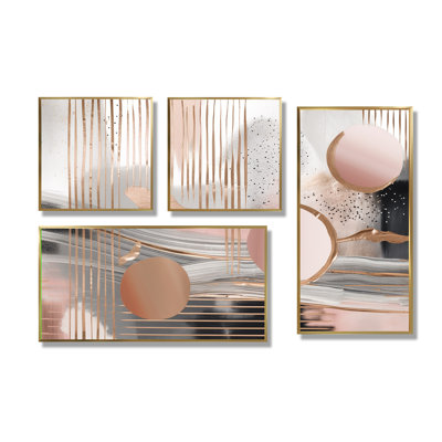 Pink Rosegold Circle Chaos IV - Abstract Transitional Art Prints On Canvas 4 Pieces