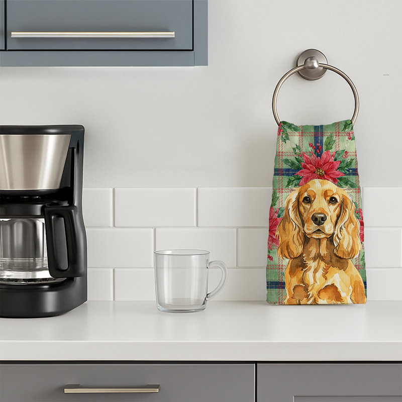 Golden English Cocker Spaniel Christmas PoinsettIas Kitchen Towel, Golden English Cocker Spaniel