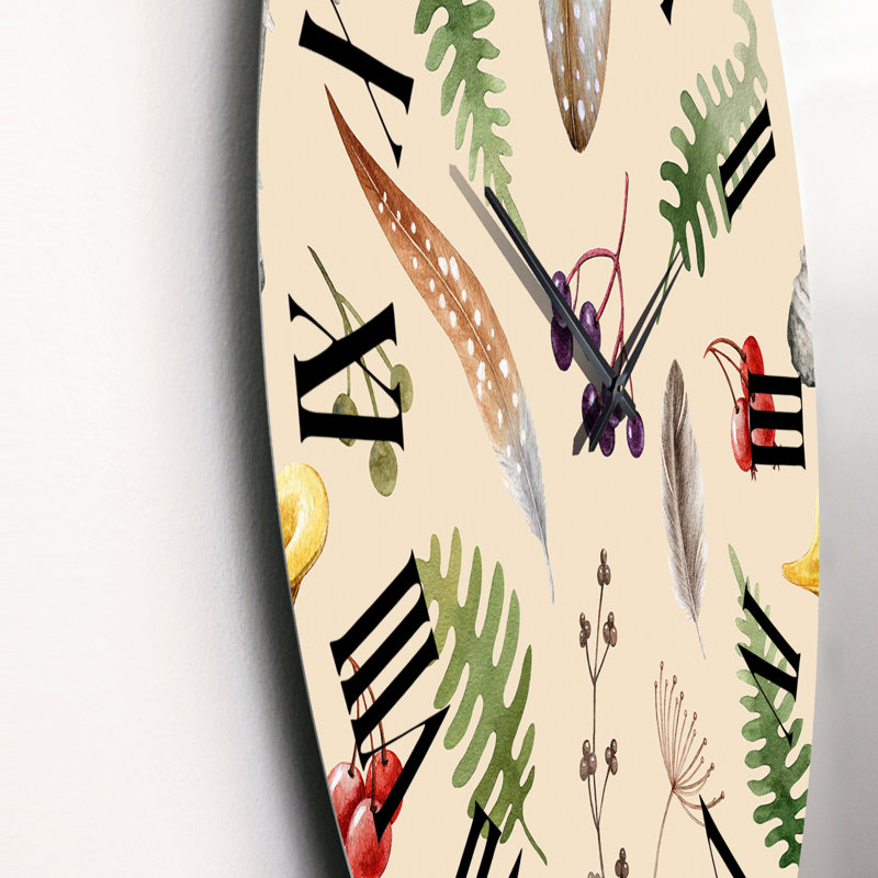 Horloge murale à motif de plantes sauvages et de champignons sur fond beige, Moyen