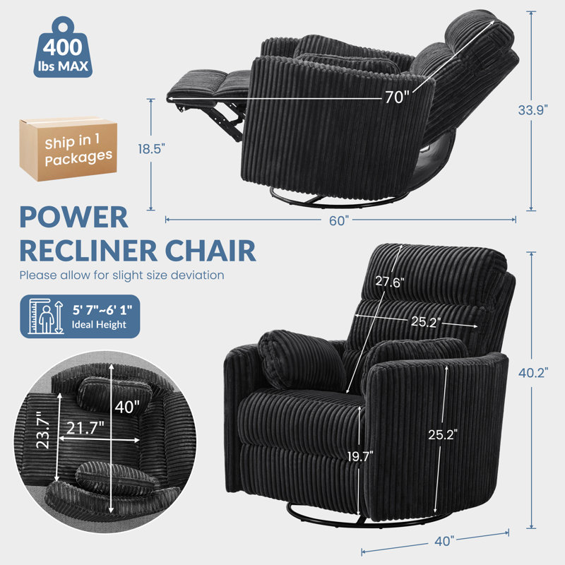 Fauteuil inclinable électrique pivotant de 40 po avec port USB et type C (ensemble de 2), Black Corduroy
