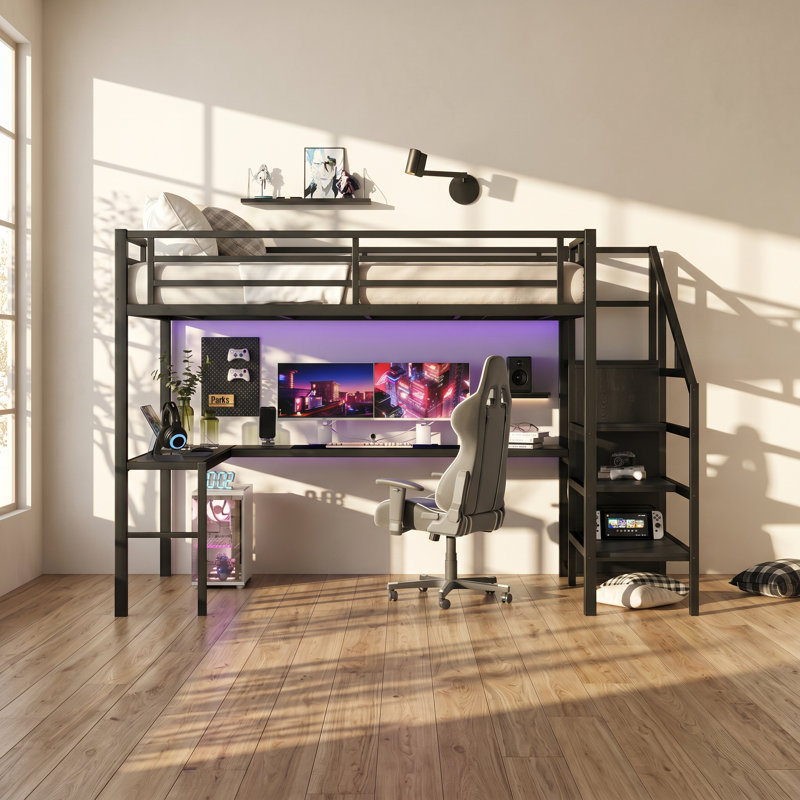 Bonwell 63" W x 98.43" D x 68.9" H Metal Queen Loft Bed with L-Shaped Desk and Wardrobe