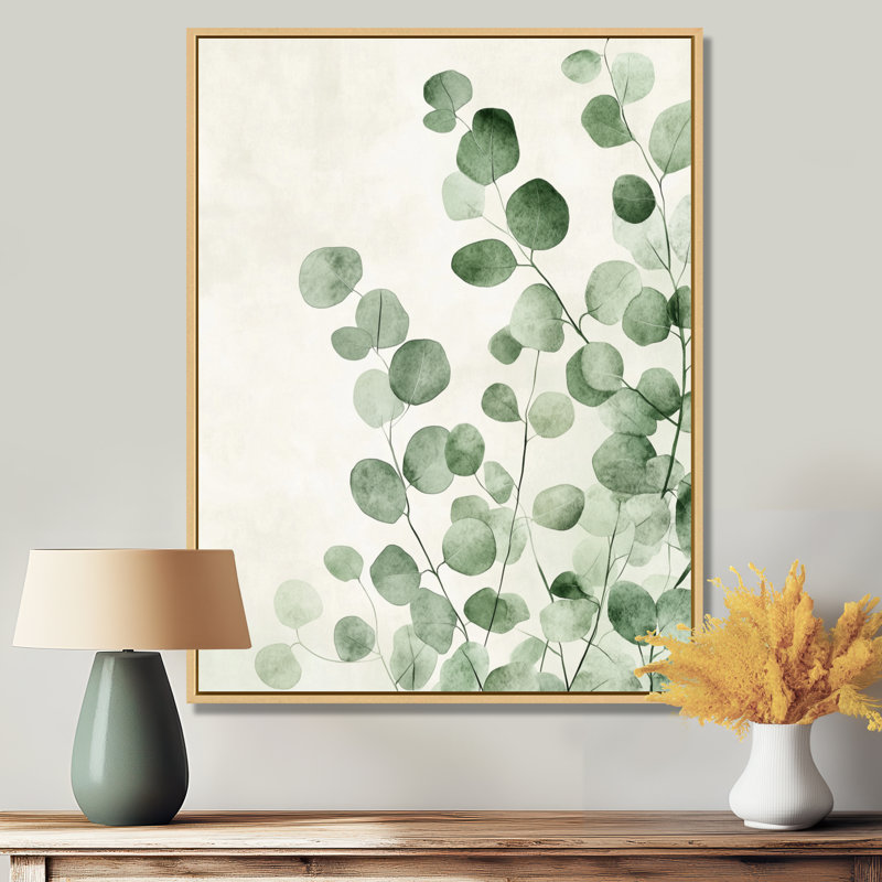 Minimal Eucalyptus Veil I - impression botanique murale verte, H 40 po x l 30 po, Cadre naturel flottant