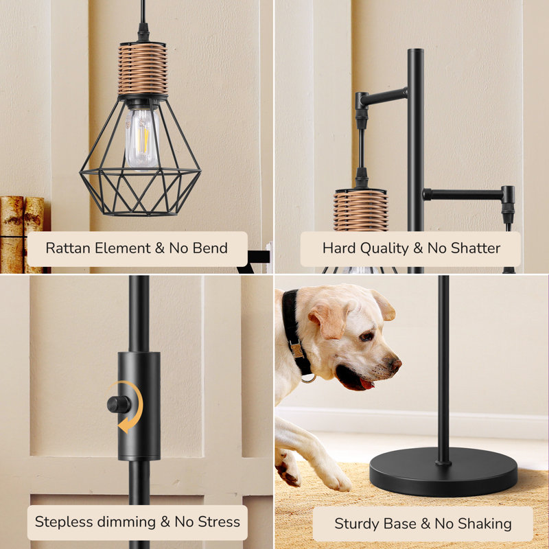 Lampe sur pied en rotin à intensité variable 65 po avec 3 ampoules incluses Crevan, Noir mat